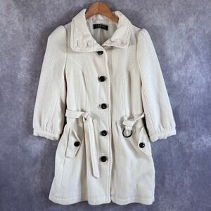 Zara TRF Collection Textured Wool Blend Coat Womens Small Cream Belted Button Up